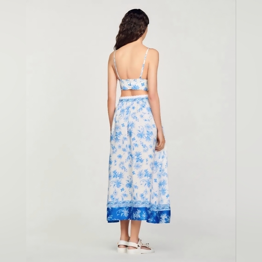 SANDRO Floral Blue WHITE CROP Bralette Top LINEN VISCOSE lined Size 1 S - Picture 13 of 15